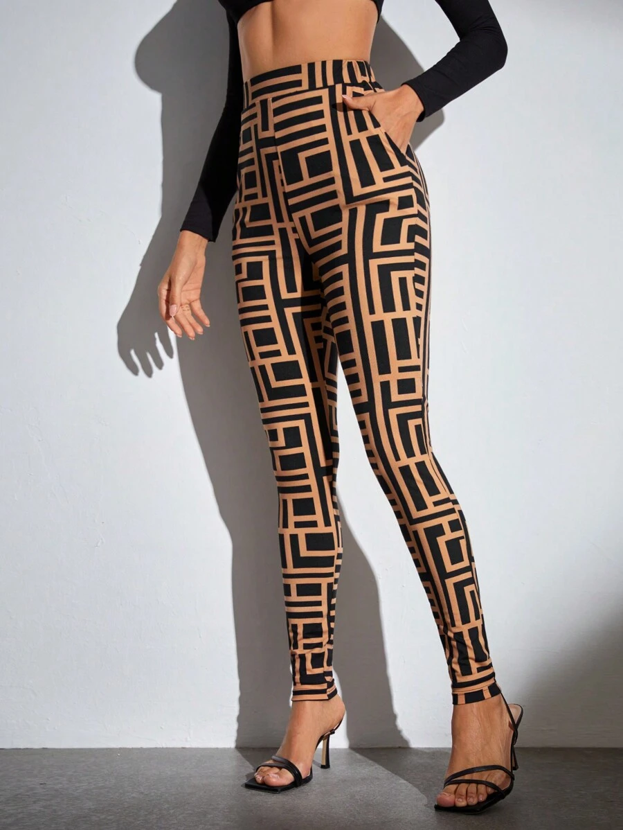 SHEIN Tall Geo Print Slant Pocket Leggings - Khaki - View 1