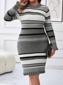 SHEIN LUNE Plus Striped Pattern Sweater Dress - Multicolor - View 1