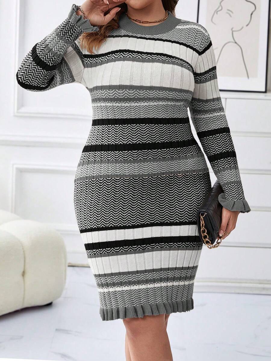 SHEIN LUNE Plus Striped Pattern Sweater Dress - Multicolor - View 1