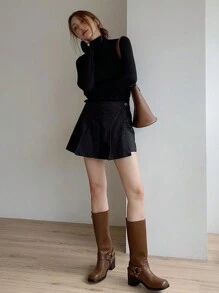 DAZY Chất rắn Cổ cao Áo thun - màu đen - Xem 5