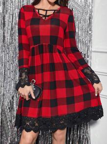 SHEIN Clasi 格紋印花拼接蕾絲下擺洋裝 - 彩色 - 查看 1