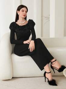 Modelyn Fuzzy Trim Bodycon Sweater Dress - Black - View 1