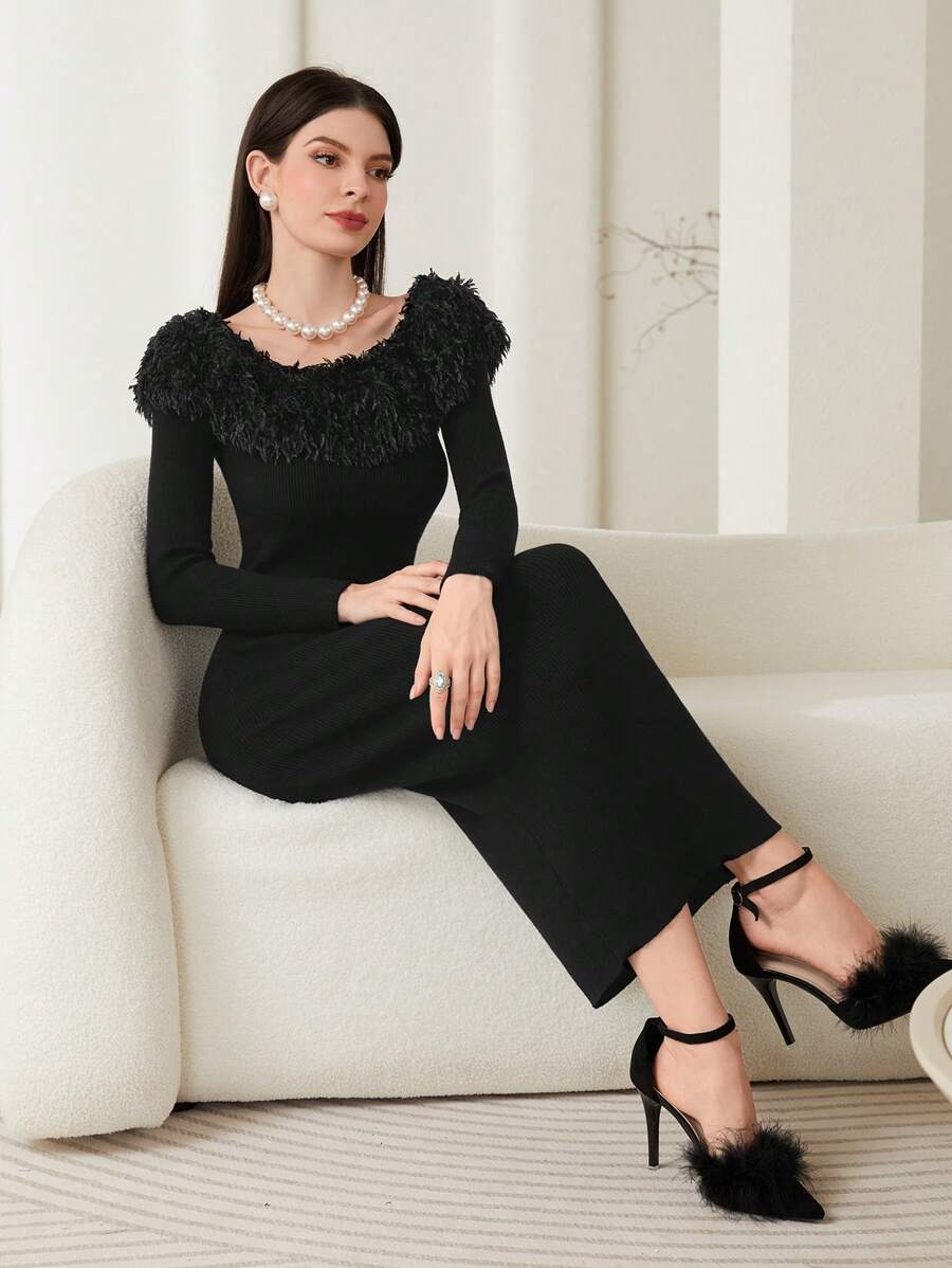 Modelyn Fuzzy Trim Bodycon Sweater Dress - Black - View 1