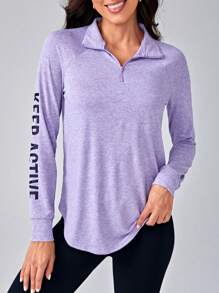 SHEIN Sovereign Charm 字母图案插肩袖四分之一拉链运动长袖运动衫拉链连帽衫秋季运动衫 - 淡紫色 - 查看 3