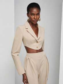 SHEIN Privé Cổ áo Crop Blazer - Màu Khaki - Xem 3