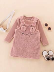 SHEIN Young Girl Solid Tee & Cartoon Embroidery 3D Ear Design Teddy Overall Dress - Pink - View 1