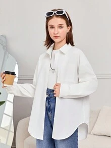 SHEIN 女性青少年提花純色後背字母圖案長袖襯衫 - 白色 - 查看 3