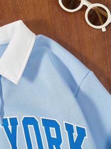 SHEIN Explorewe 女大童字母圖案拼接領落肩袖Polo領運動衫 - 藍色 - 查看 7