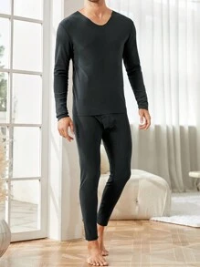 Men Solid V Neck Thermal Underwear Set - Dark Grey - View 3