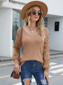 SHEIN LUNE Contrast Lace Lantern Sleeve V Neck Sweater - Apricot - View 4