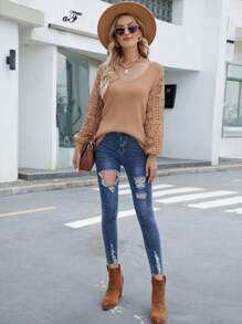 SHEIN LUNE Contrast Lace Lantern Sleeve V Neck Sweater - Apricot - View 5