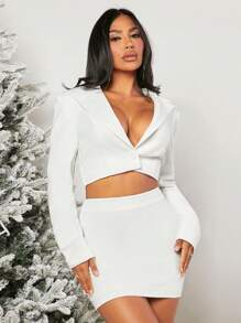 SHEIN SXY Lapel Neck Crop Blazer & Bodycon Skirt Party outfit 
New years eve outfit Sexy outfit Christmas - White - View 3