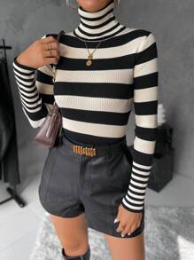 Celisse Striped Pattern Turtleneck Sweater,Long Sleeve Tops Knit Pullover Fall Winter Outfit - Multicolor - View 3