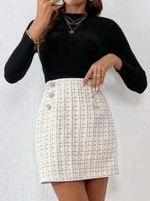 SHEIN Frenchy Plaid Fake Button Tweed Skirt Winter Elegant Spring - Apricot - View 3