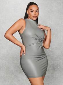 SHEIN BAE 大碼素色扭結PU皮革緊身洋裝 - 灰色 - 查看 4