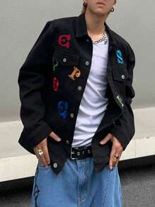 Manfinity Roghcode Men Letter Graphic Flap Pocket Denim Jacket - Black - View 6