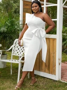 Plus One Shoulder Knot Side Cocktail Dress - White - View 4