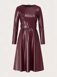 SHEIN Lady Women Spring Autumn Solid Color PU Leather Round Neck Long Sleeve Midi Elegant Office Dress