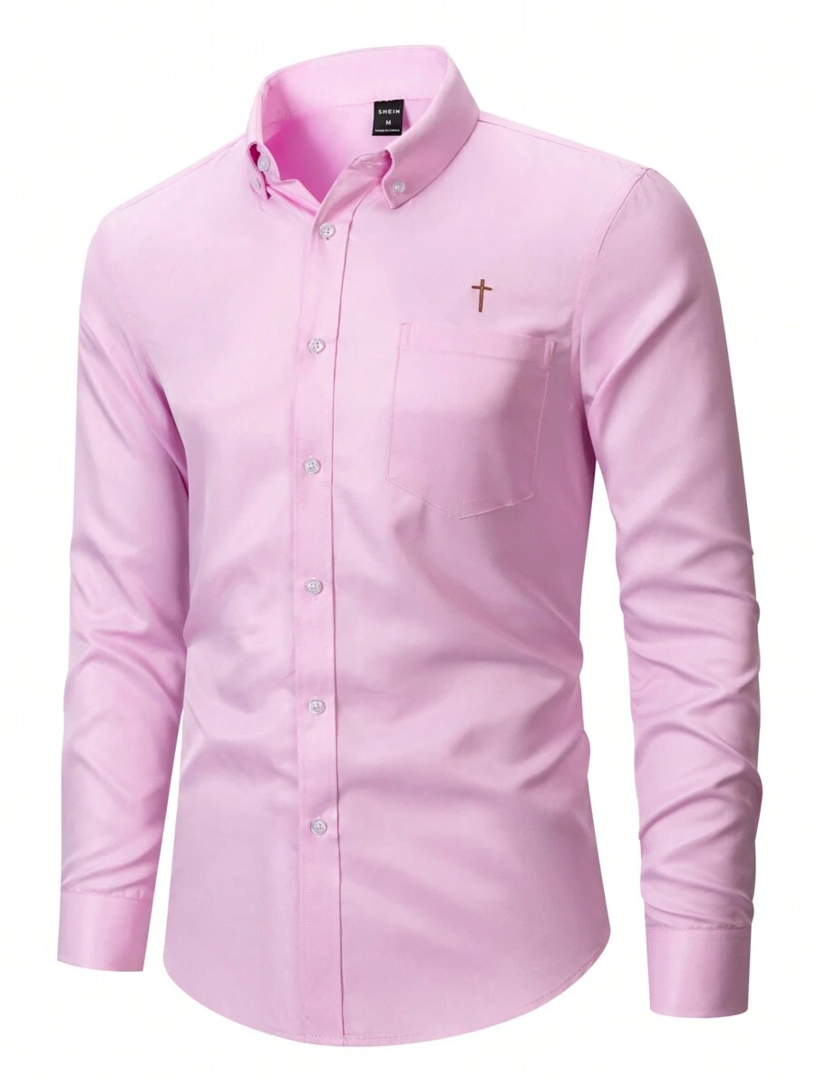 Manfinity Mode 男士交叉刺繡口袋貼布前排扣襯衫 - 粉色 - 查看 1