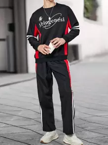 Manfinity Homme Men Letter Graphic Contrast Tape Sweatshirt & Pants - Multicolor - View 5