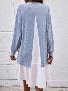 SHEIN LUNE Two Tone Ruffle Hem Sweatshirt Dress Pullover Fall Outfit - Grey - View 2