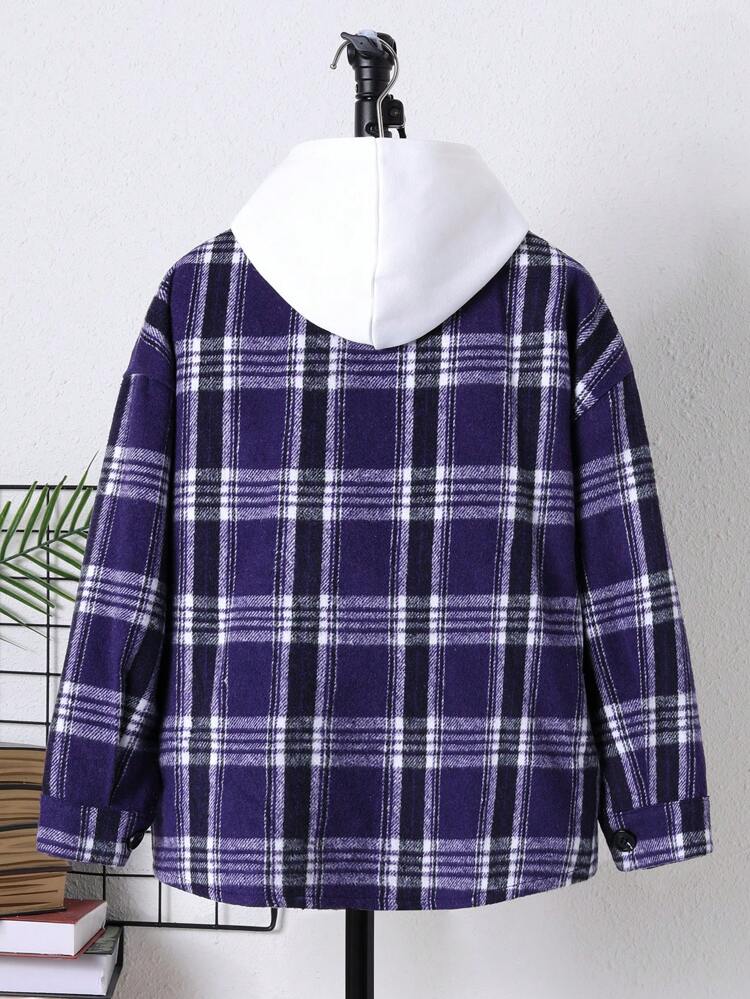 Tween Boy Plaid Print Flap Pocket Overcoat Without Hoodie