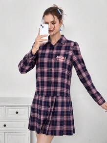 SHEIN EZwear Vestido smock con estampado de cuadros y letra bajo fruncido