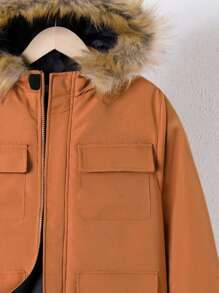 SHEIN Tween Boy 毛绒装饰翻盖口袋连帽保暖衬里棉服 - 鏽棕色 - 查看 3