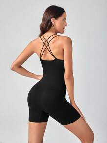 Easithlete Crisscross Backless Sports Romper - Black - View 2