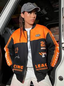 SHEIN Coolane Bikercore Letter Graphic Two Tone Striped Side Zip Up Jacket - Black - View 5