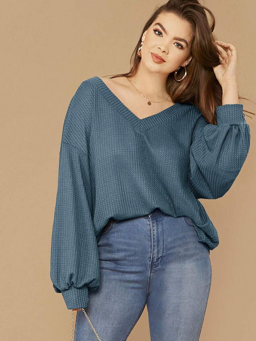 SHEIN LUNE Plus Drop Shoulder Lantern Sleeve Waffle Knit Tee - Dusty Blue - View 1