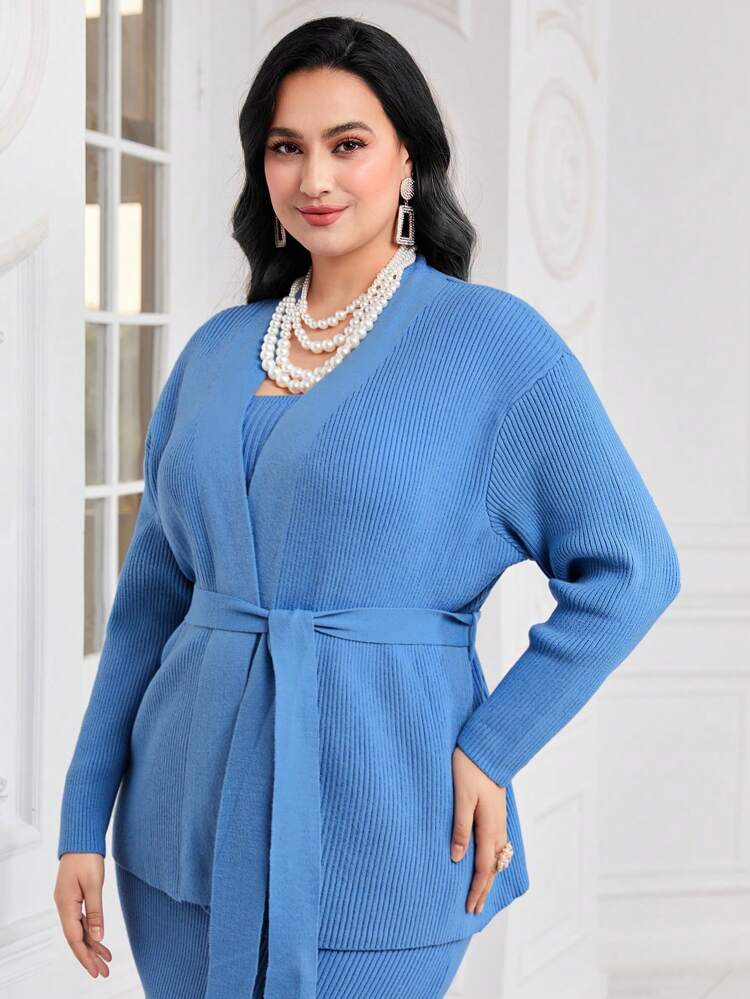 Plus Drop Shoulder Belted Cardigan & Knit Skirt