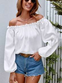 SHEIN VCAY Off Shoulder Frill Trim Lantern Sleeve Blouse - White - View 6
