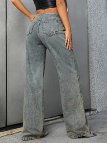 SHEIN ICON 破洞闊腿牛仔褲 - 銅色 - 查看 2