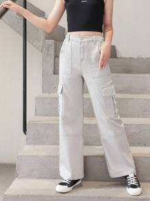 Tween Girl Flap Pocket Side Cargo Jeans - Light Grey - View 4