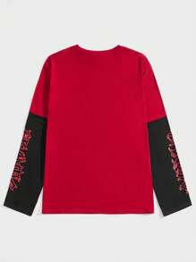 ROMWE MEN Grunge Punk 男士字母图案拼色二合一 T 恤，学校 - 紅色 - 查看 2