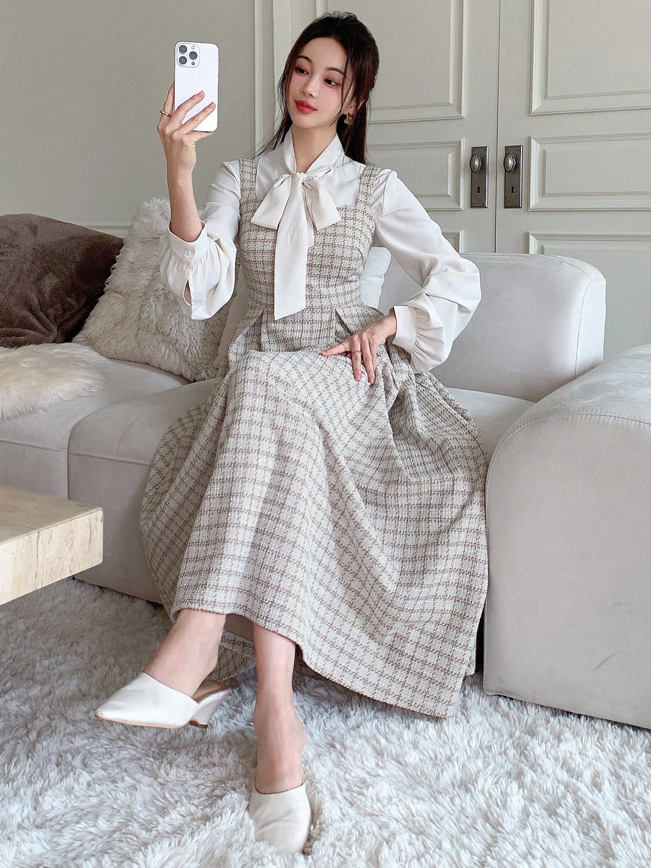 DAZY فستان طويل بدون أكمام بتصميم مربعات، فستان طو...