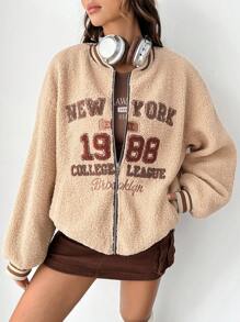 SHEIN EZwear Letter Embroidery Striped Trim Drop Shoulder Teddy Coat - Brown - View 1