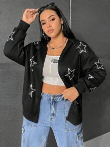 SHEIN EZwear Áo nỉ dáng rộng, họa tiết ngôi sao đính đá, vai rớt, dây rút. - màu đen - Xem 6