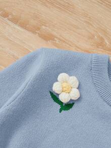 SHEIN Young Girl Floral Patched Sweater - Baby Blue - View 3