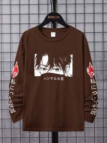 SHEIN 男大童日本字母和數字圖案T恤 - 棕色 - 查看 1