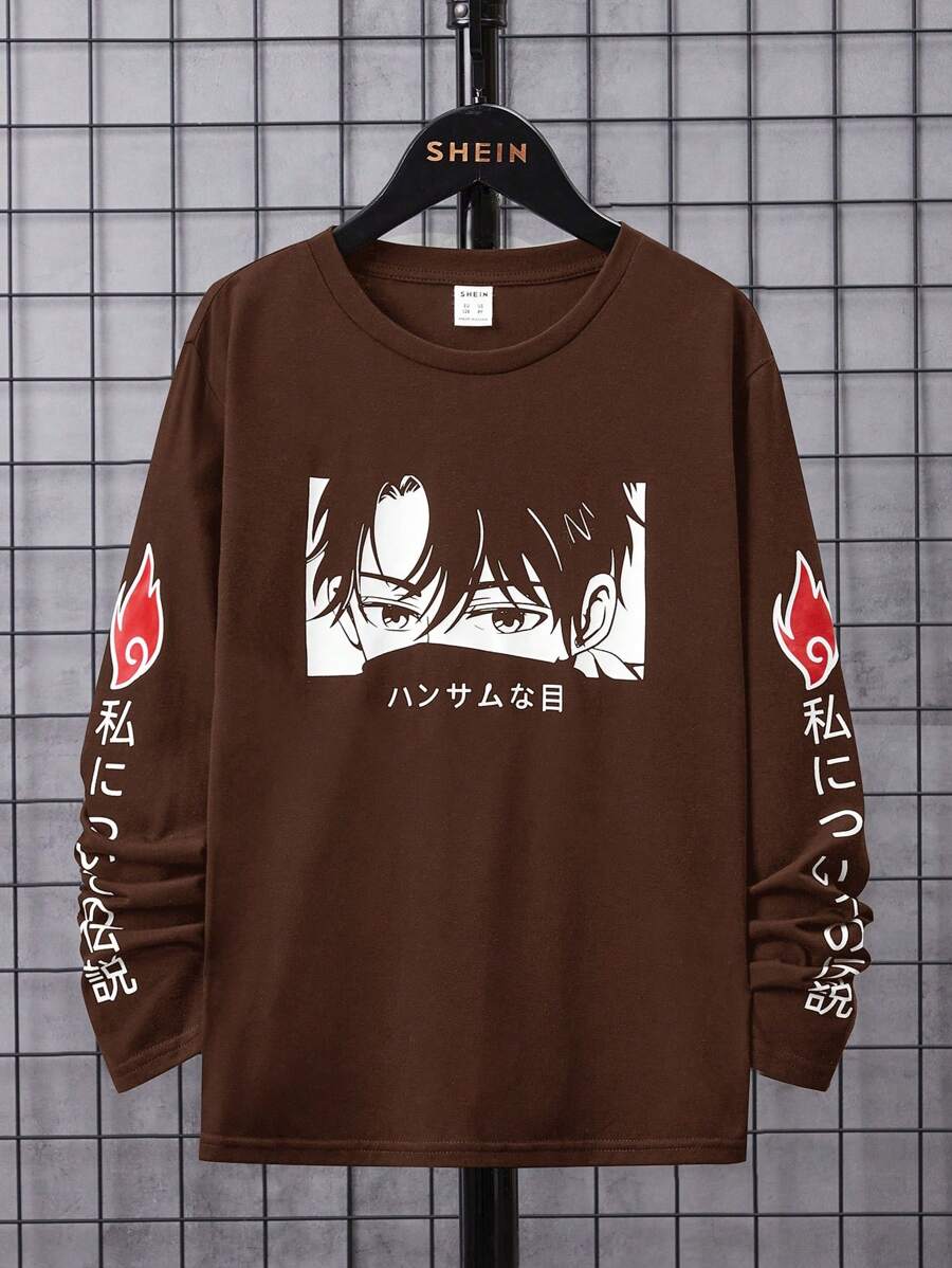 SHEIN 男大童日本字母和數字圖案T恤 - 棕色 - 查看 1