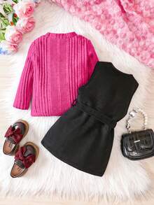 Đứa bé gái Cổ giả Áo thun & Nút phía trước Đầm - màu đen - Xem 2