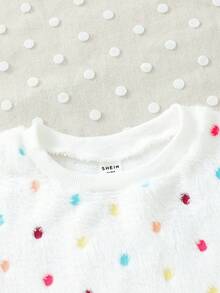 SHEIN Young Girl Polka Dot Pattern Flannel Sweatshirt & Sweatpants - White - View 6
