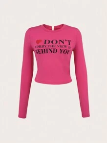 SHEIN Unity Áo thun cổ tròn tay dài in khẩu hiệu dành cho nữ có dây buộc phía sau - Màu Hồng Tươi - Xem 1
