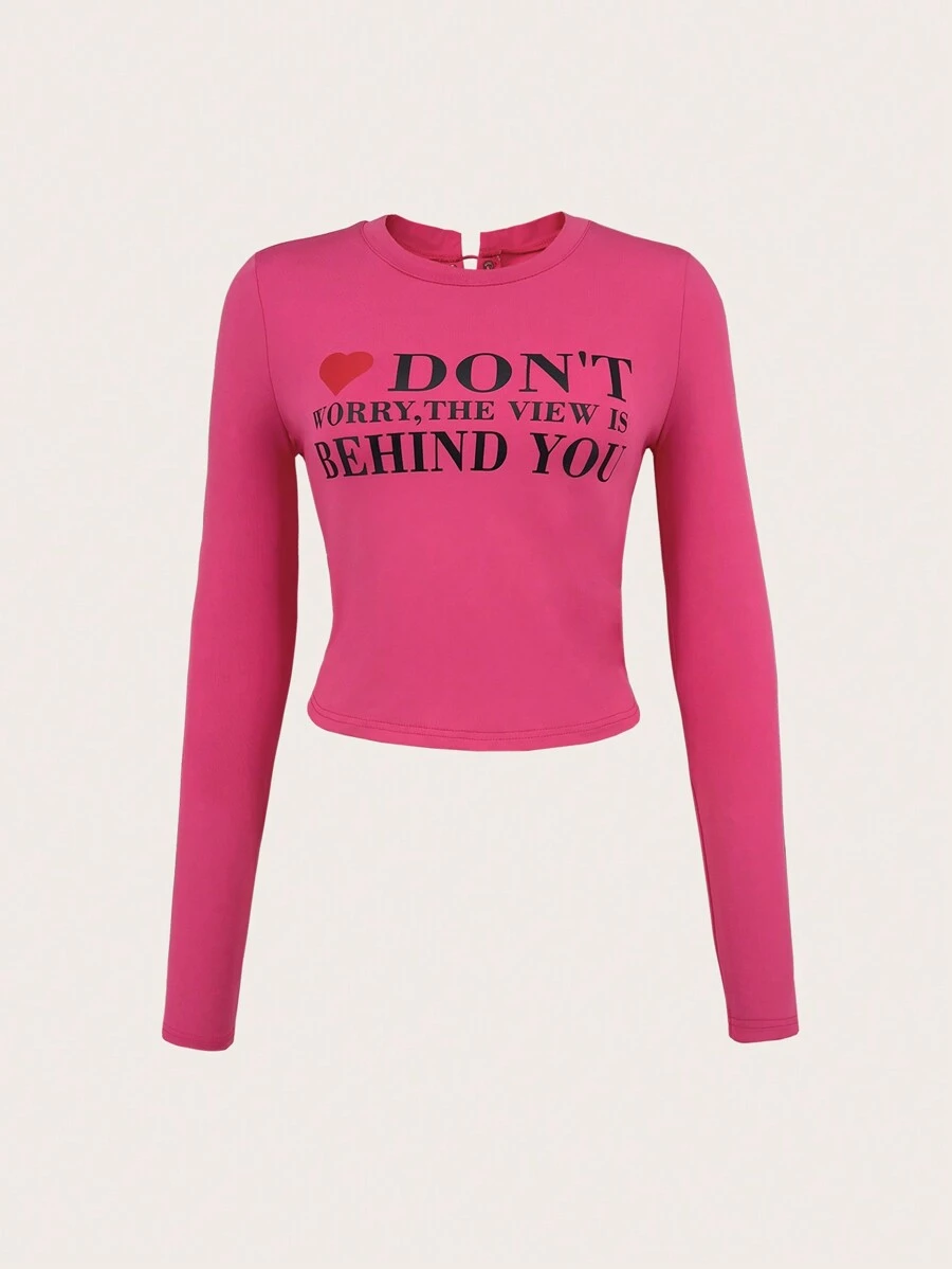 SHEIN Unity Áo thun cổ tròn tay dài in khẩu hiệu dành cho nữ có dây buộc phía sau - Màu Hồng Tươi - Xem 1