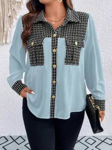Celure Plus Contrast Plaid Print Flap Pocket Blouse - Blue - View 5