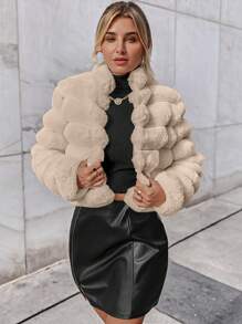 Firerie Going Out Solid Open Front Crop Fuzzy Coat, Winter, Elegant, Business , Casual, Furry, Faux Fur, Long Sleeve - Apricot - View 3