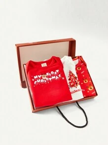 Baby Boy 3pcs Christmas Print Gift Box Bodysuit - White - View 8