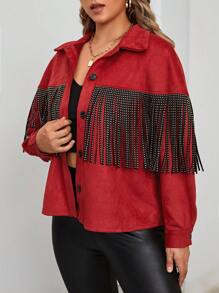 SHEIN LUNE Talla grande Cazadora ribete con fleco con botón delantero - Burdeos - Ver 1